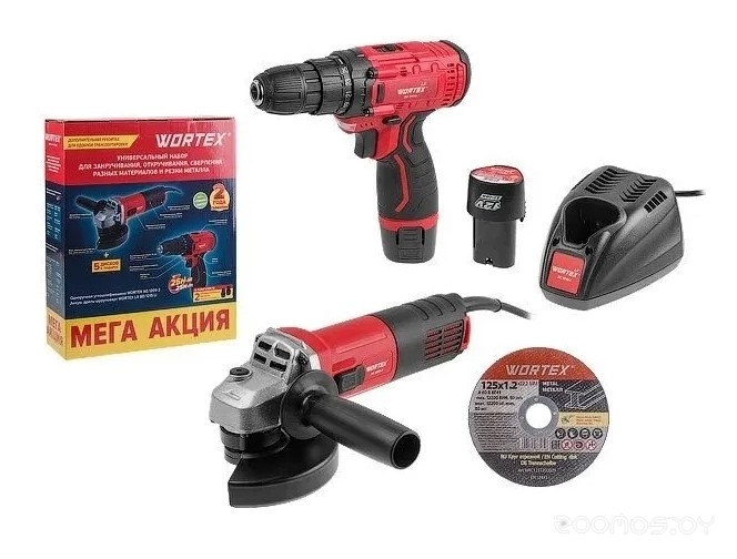 Wortex 1329386 (болгарка, шуруповерт, 2 АКБ)